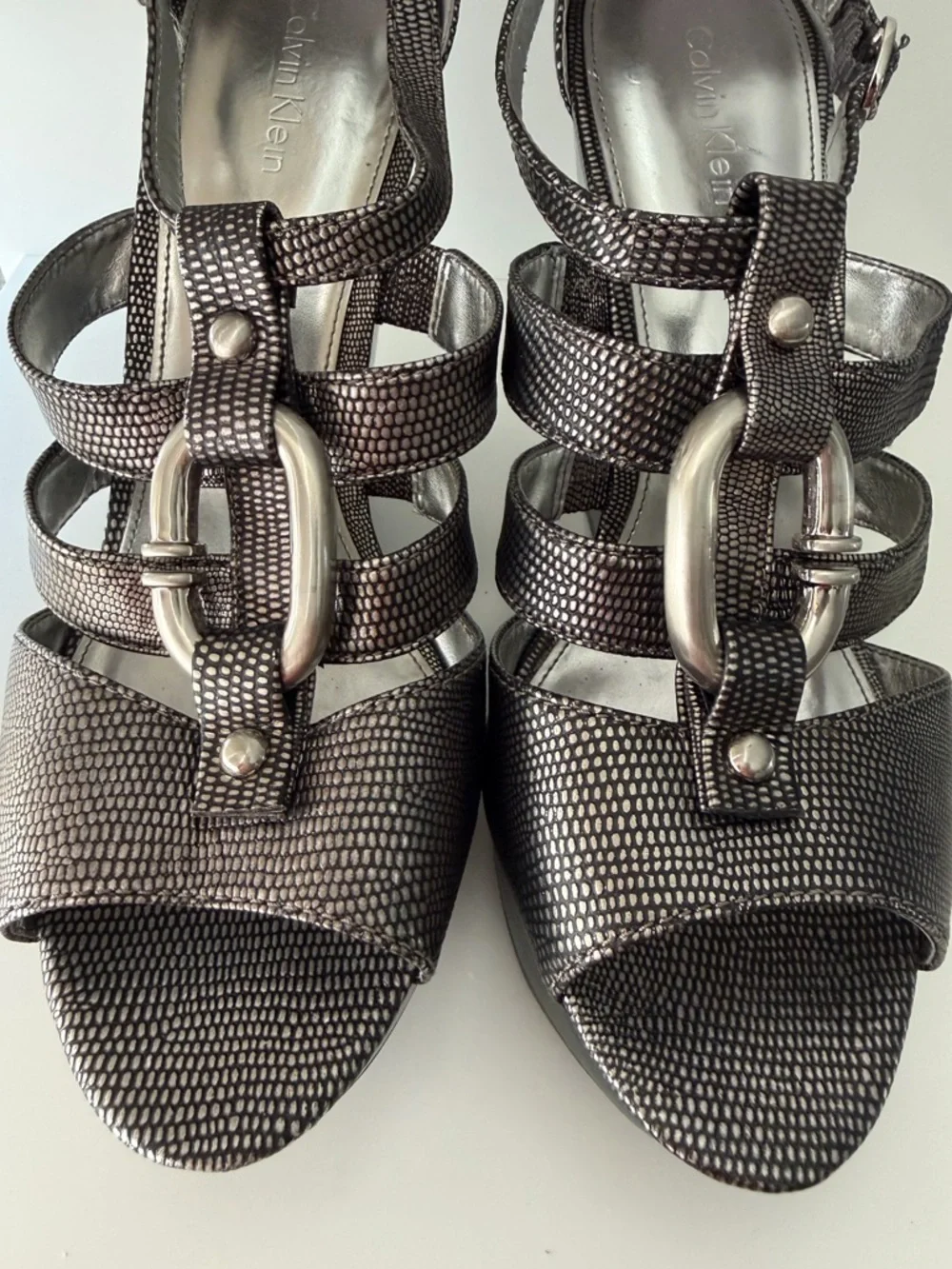 CALVIN KLEIN Wedges Black/Silver Lizard Print | Women’s Size 8